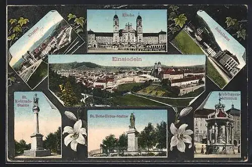 AK Einsiedeln, Kirche, Schulhaus, St. Meinrads-Statue, Kloster, Liebfrauenbrunnen