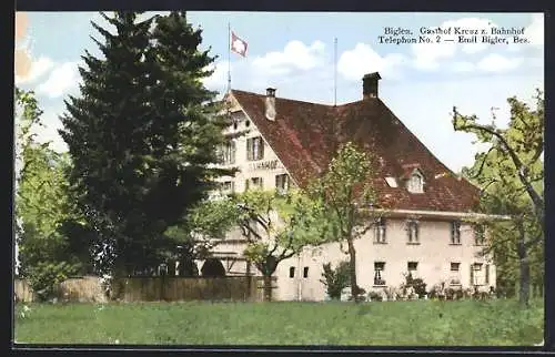 AK Biglen, Gasthof Kreuz z. Bahnhof, Bes. Emil Bigler, Aussenansicht