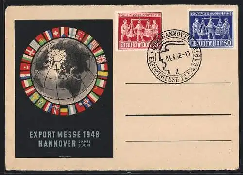 AK Hannover, Exportmesse 1948, Weltkugel mit Flaggen, Ausstellung