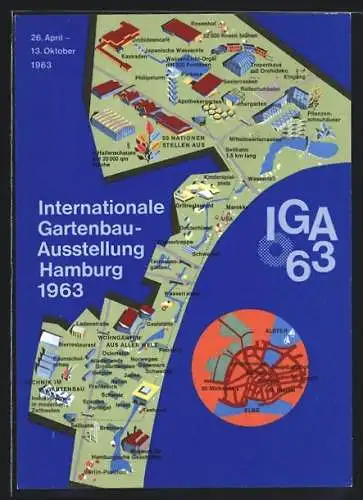 AK Hamburg, Internationale Gartenschau-Ausstellung 1963, Karte des Ausstellungsgeländes