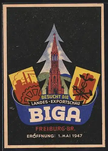 Künstler-AK Freiburg, Landes-Exportschau Biga 1947, Kirche im Tannenbaum, Wappen