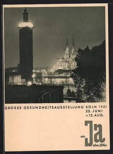 AK Köln, Grosse Gesundheitsausstellung 1951, Ausstellungsturm und Dom bei Nacht