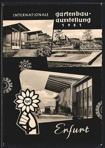 AK Erfurt, Internationale Gartenbauausstellung 1961, Kleine Bungalows, Wasserkunst, Ausstellungshalle