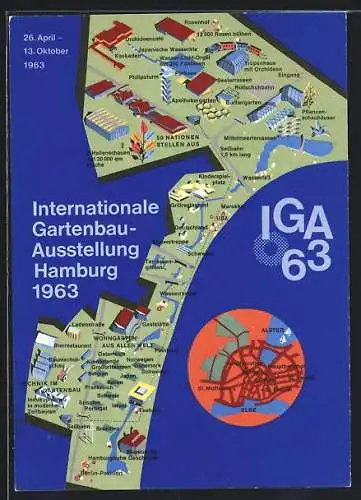 AK Hamburg, Internationale Gartenschau-Ausstellung 1963, Karte des Ausstellungsgeländes