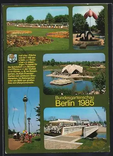 AK Berlin, Bundesgartenschau 1985, Partie auf dem Ausstellungsgelände mit Blumenbeeten