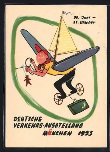 Künstler-AK München, Deutsche Verkehrs-Ausstellung 1953, Multimobilist