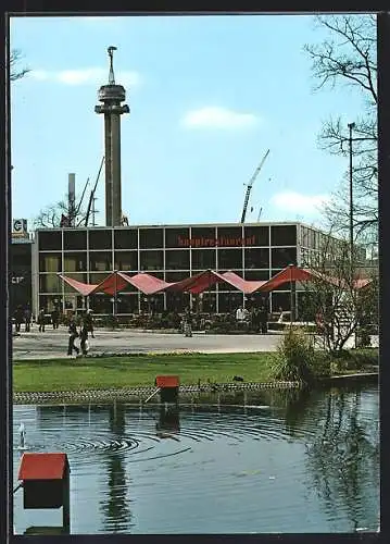 AK Hannover, Messe, Blick auf das Hauptrestaurant und auf den Hermesturm