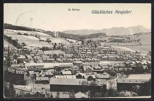 AK St. Gallen, Ortsansicht im Winter, Neujahrskarte