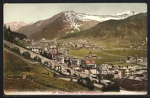 AK Davos, Schatzalpbahn mit Ortsansicht, Bergbahn