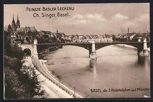 AK Basel, Die drei Rheinbrücken und Münster