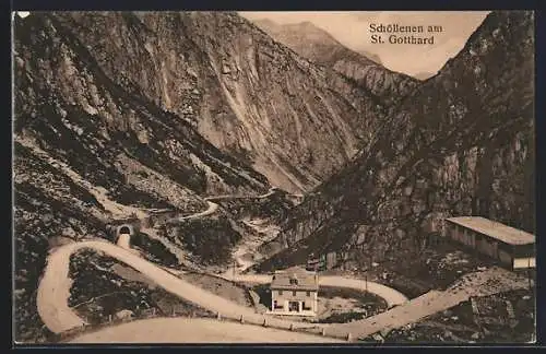 AK Schöllenen am St. Gotthard, Ortsansicht mit Serpentinenstrasse