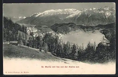 AK St. Moritz, Gesamtansicht mit See von der Alpina aus