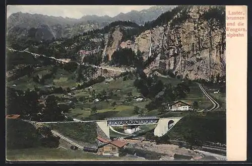 AK Lauterbrunnen, Ortsansicht mit der Wengernalpbahn