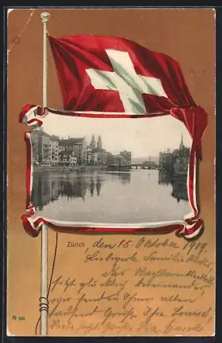 Lithographie Zürich, Partie am Wasser, Passepartout mit Schweizer Flagge