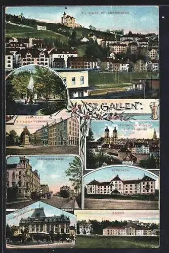 AK St. Gallen, Stadtpark, Marktplatz mit Vadian-Denkmal, Rosenbergstrasse, Bürgerheim, Kaserne