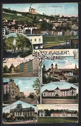 AK St. Gallen, Stadtpark, Marktplatz mit Vadian-Denkmal, Kaserne, Bankverein mit Broderbrunnen