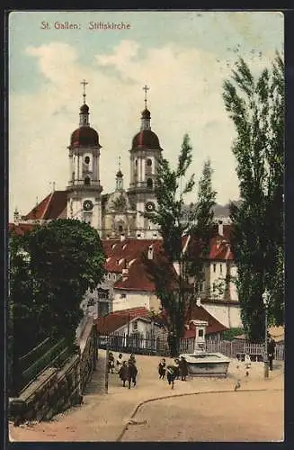 AK St. Gallen, Stiftskirche mit Brunnen