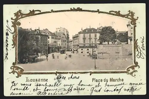 AK Lausanne, Place du Marche im ornamentalen Passepartout