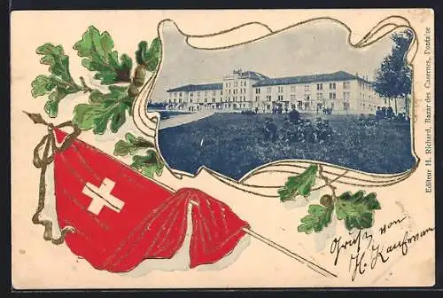 Präge-AK Lausanne, Soldaten vor der Kasern, Passepartout mit Eichenblättern und Schweizer Flagge