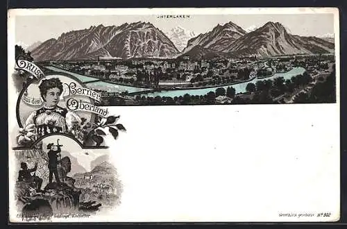 Lithographie Interlaken, Wanderer im Berner Oberland, Gesamtansicht gegen die Berge