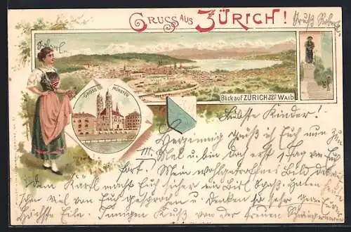 Lithographie Zürich, Gross-Münster, Gesamtansicht von der Waid