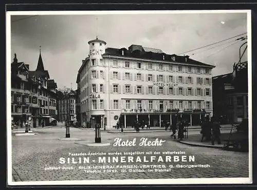 AK St. Gallen, Das Hotel Hecht, Reklame für Silin-Mineralfarben