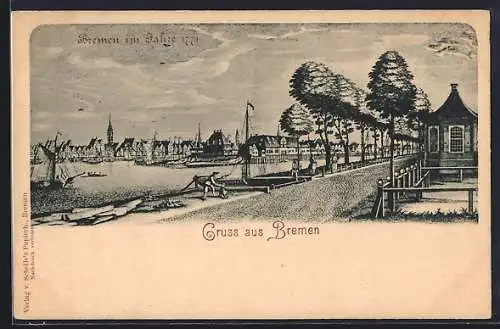 Künstler-AK Bremen, Bremen mit Uferstrasse im Jahre 1771