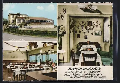 AK Hornsmühlen /Holst., Gaststätte und Pension Behrmann`s Eck mit Saal und Jagdecke