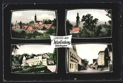 AK Wartenberg /Oberbayern, Partie mit Kirchturm, Strasse mit Eiscafé und Teilansicht
