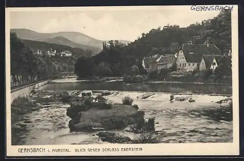 AK Gernsbach, Partie am Wehr mit Blick zum Schloss Eberstein