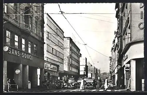 AK Saarbrücken, Bahnhofstrasse mit Geschäften