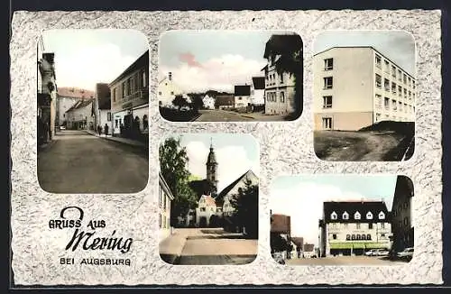 AK Mering bei Augsburg, Strassenpartoe mit Kirchturm und Neubauhaus