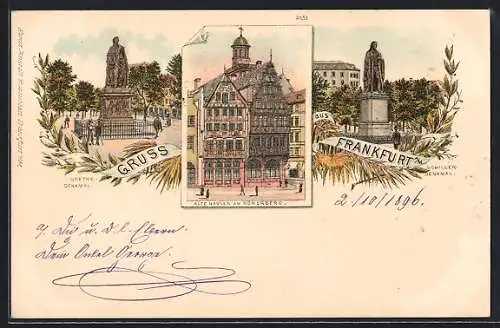 Lithographie Frankfurt /Main, Goethe-Denkmal, Alte Häuser am Rämerberg, Schiller-Denkmal