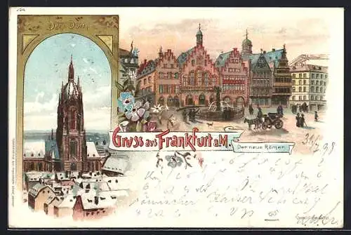 Lithographie Alt-Frankfurt, Der neue Römer und Blick zum Dom