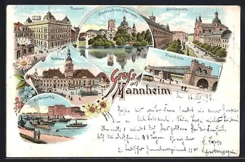 Lithographie Mannheim, Rheinbrücke, Schillerplatz und Rathhaus