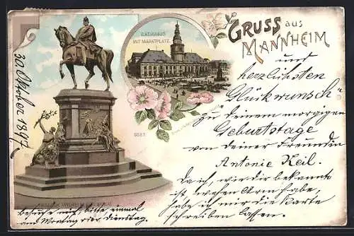 Lithographie Mannheim, Rathaus mit Marktplatz, Kaiser Wilhelm I. Denkmal