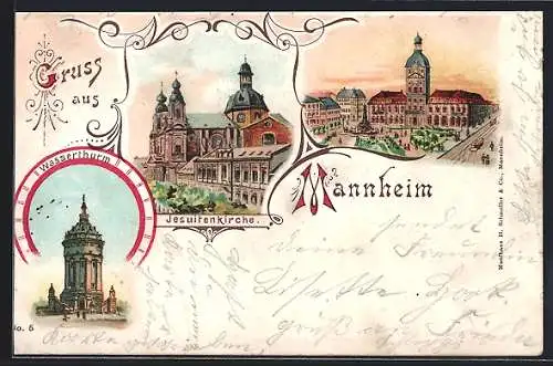 Lithographie Mannheim, Wasserthurm, Jesuitenkirche und Teilansicht