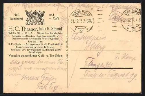 AK Mannheim, Hofkonditorei und Café H. C. Thraner, Bes. K. Schmid