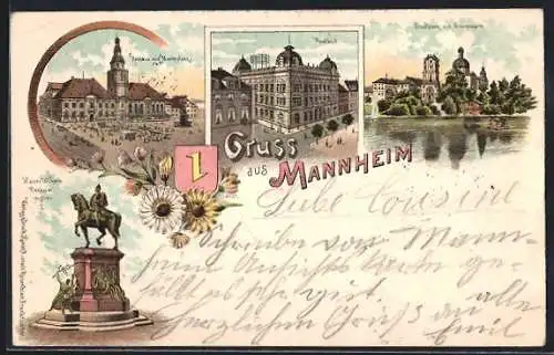 Lithographie Mannheim, Marktplatz mit Rathaus, Postamt, Stadtpark mit Sternwarte und Kaiser Wilhelm-Denkmal