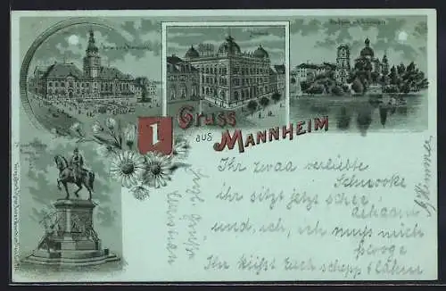 Mondschein-Lithographie Mannheim, Kaiser Wilhelm Denkmal, Rathaus und Stadtpark mit Sternwarte