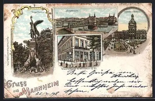 Lithographie Mannheim, Krieger Denkmal, Neckarbrücke, Waarenhaus S. Wronker & Co, Paradeplatz mit Rathaus