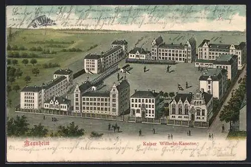 Lithographie Mannheim, Kaiser Wilhelm-Kaserne aus der Vogelschau