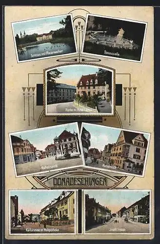 AK Donaueschingen, Schloss mit Pfauenweiher, Hotel Lamm, Rathausplatz, Karlstrasse, Josefstrasse