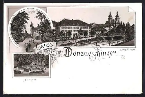 Lithographie Donaueschingen, Schloss, Donauquelle, Flusspartie