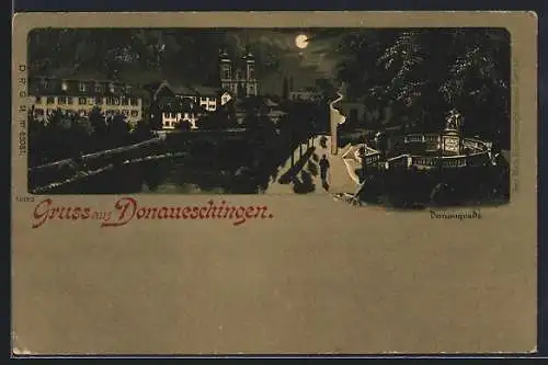 Mondschein-Lithographie Donaueschingen, Die Donauquelle bei Nacht