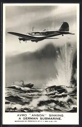 Künstler-AK Britisch Plane Avro Anson sinking a German submarine