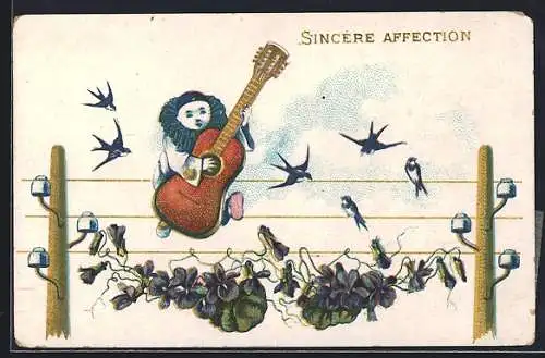 Künstler-AK Harlekin auf einer Telegraphenleitung spielt Gitarre