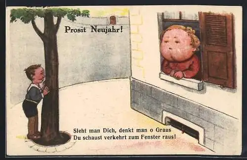 Künstler-AK Frau schaut vermeindlich verkehrt zum Fenster raus