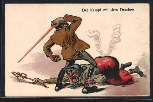 Künstler-AK Der Kampf mit dem Drachen, frauenfeindlicher Humor