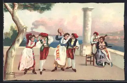 Künstler-AK Paare in Tracht beim Volkstanz